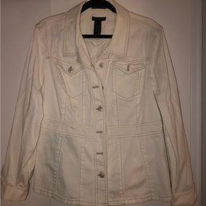 COPY - White denim jacket XL with tan stitching.